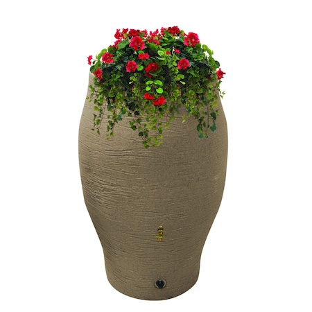 Emsco Group Stoneware Urn Barrel, Includes Planter Rain Water Diverter, Hose Bibb, 60 Gallons, Sand 3262-1